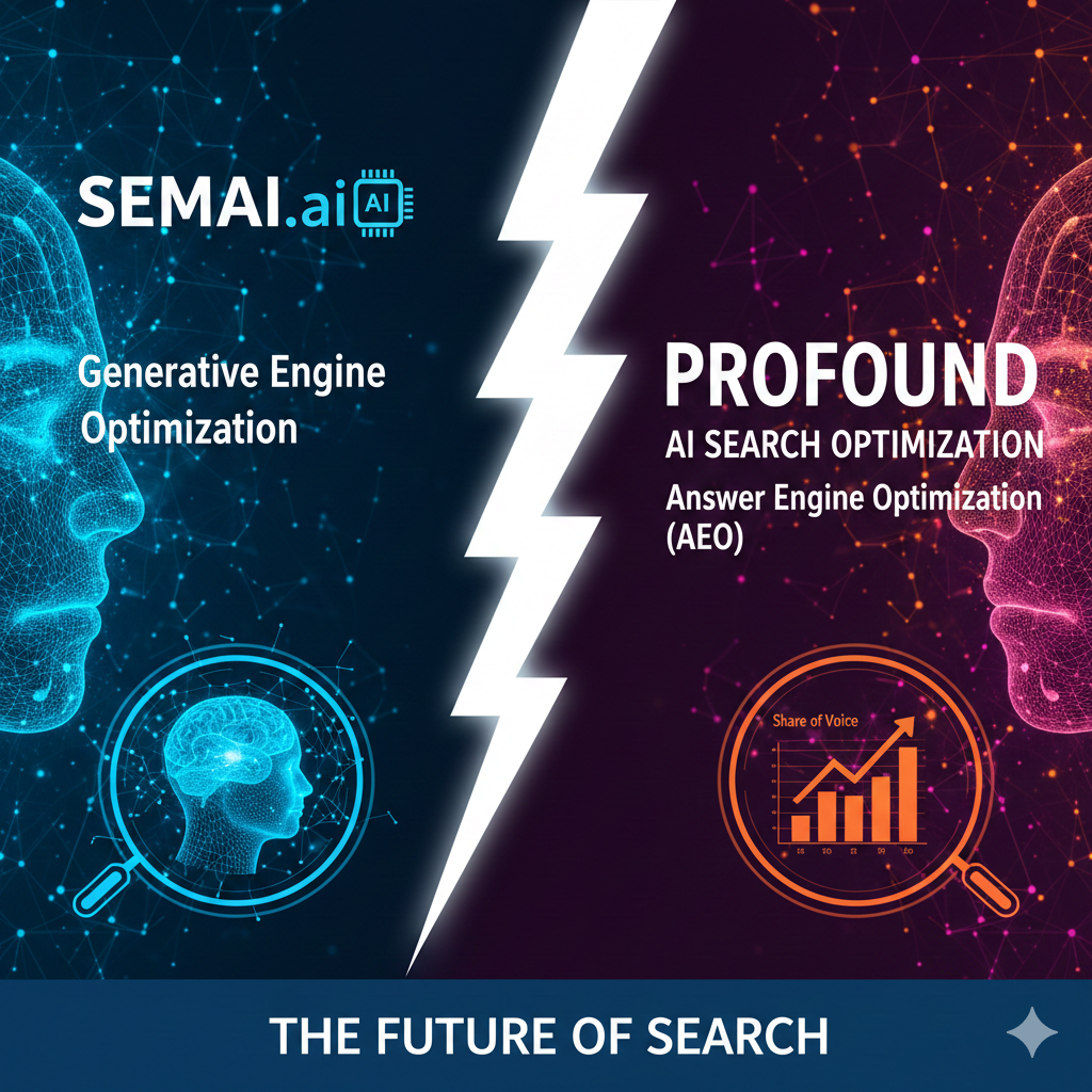 SEMAI.ai vs. Profound comparison image showing the shift from traditional search to AI-driven Answer Engine Optimization (AEO).
