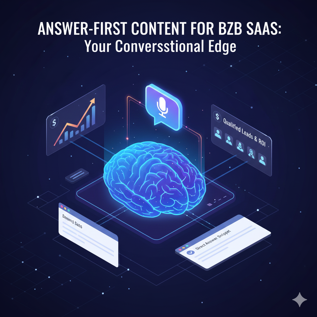A modern digital graphic representing B2B SaaS conversational search. The image features a sleek chat interface displaying a clear, direct answer to a complex business question. In the background, glowing network nodes connect SaaS icons like clouds, gears, and data charts, illustrating how answer-first content provides a competitive edge in AI-driven search environments.