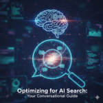 A futuristic image showing a magnifying glass over a glowing, abstract center with conversation bubble icons inside, representing search. Above it, a stylized glowing human brain with gears symbolizes AI and optimization. The background is a dark digital interface with code snippets, illustrating the combination of technology, AI, and search. Text overlay reads: "Optimizing for AI Search: Your Conversational Guide."