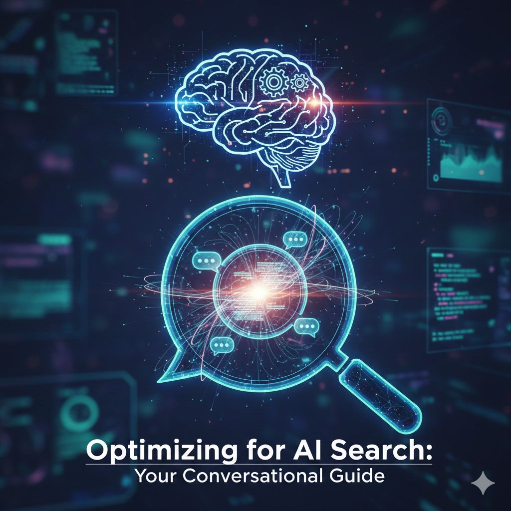 A futuristic image showing a magnifying glass over a glowing, abstract center with conversation bubble icons inside, representing search. Above it, a stylized glowing human brain with gears symbolizes AI and optimization. The background is a dark digital interface with code snippets, illustrating the combination of technology, AI, and search. Text overlay reads: "Optimizing for AI Search: Your Conversational Guide."