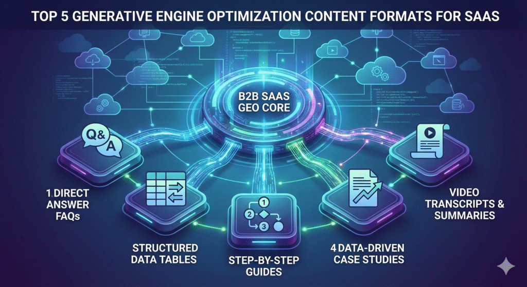 A modern, high-tech infographic showcasing the 'Top 5 Content Formats for SaaS GEO.' The image features five distinct, glowing icons arranged in a clean, professional layout: a comparison table, a detailed FAQ list, a technical API code snippet, a case study graph, and an expert quote bubble. The background is a sleek dark-blue digital interface with subtle circuit patterns, representing a SaaS (Software as a Service) environment optimized for AI and generative search engines.