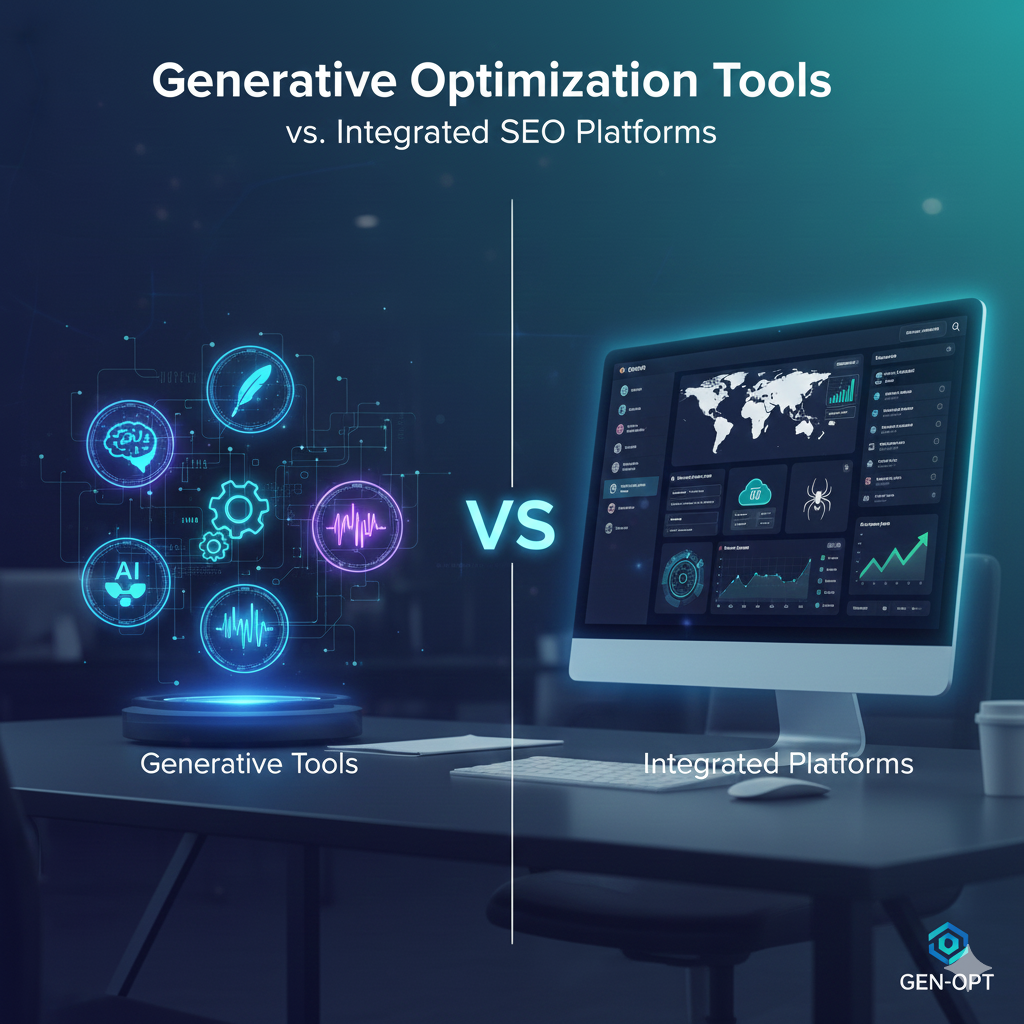 A split-screen conceptual illustration comparing specialized Generative Optimization tools with Integrated SEO Platforms. On one side, a focused laser beam highlights a neural network node, representing precision AI optimization. On the other side, a comprehensive dashboard with interconnected gears and data charts represents an all-in-one SEO ecosystem. The design uses a professional navy and electric blue color palette with futuristic digital overlays.