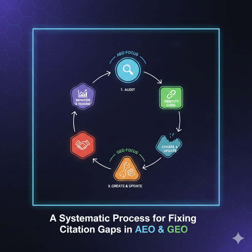 A professional infographic showing a systematic 5-step circular process for fixing citation gaps in AEO and GEO. The steps include Audit, Identify Gaps, Create and Update, and Monitor. The design uses high-contrast SaaS-style icons on a dark background, framed within a clear safe-zone margin for responsive web design.