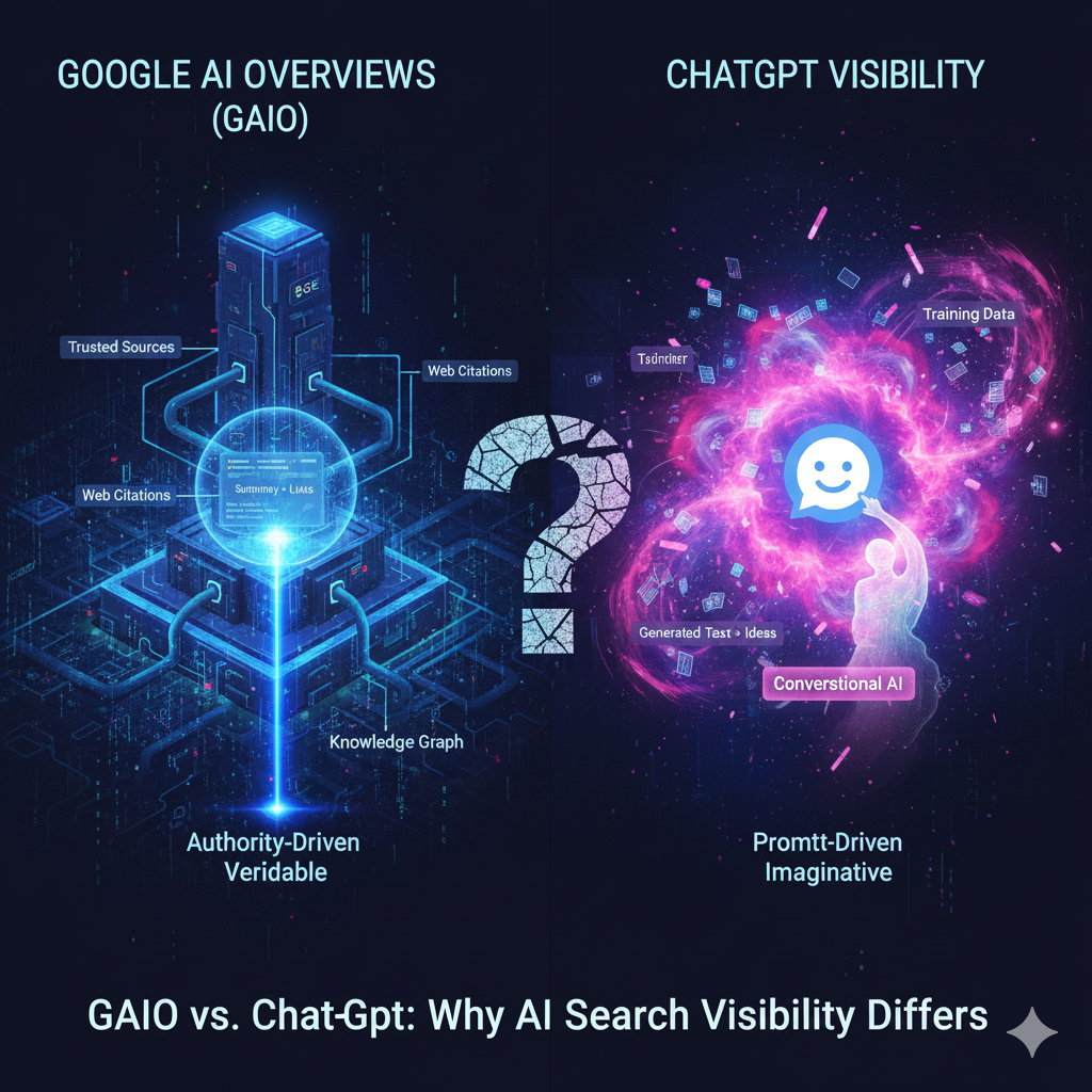 An abstract digital artwork representing the battle for AI search visibility, featuring two glowing robotic entities—one representing Google and the other ChatGPT—analyzing a complex stream of data particles and semantic nodes to highlight their unique processing methods.