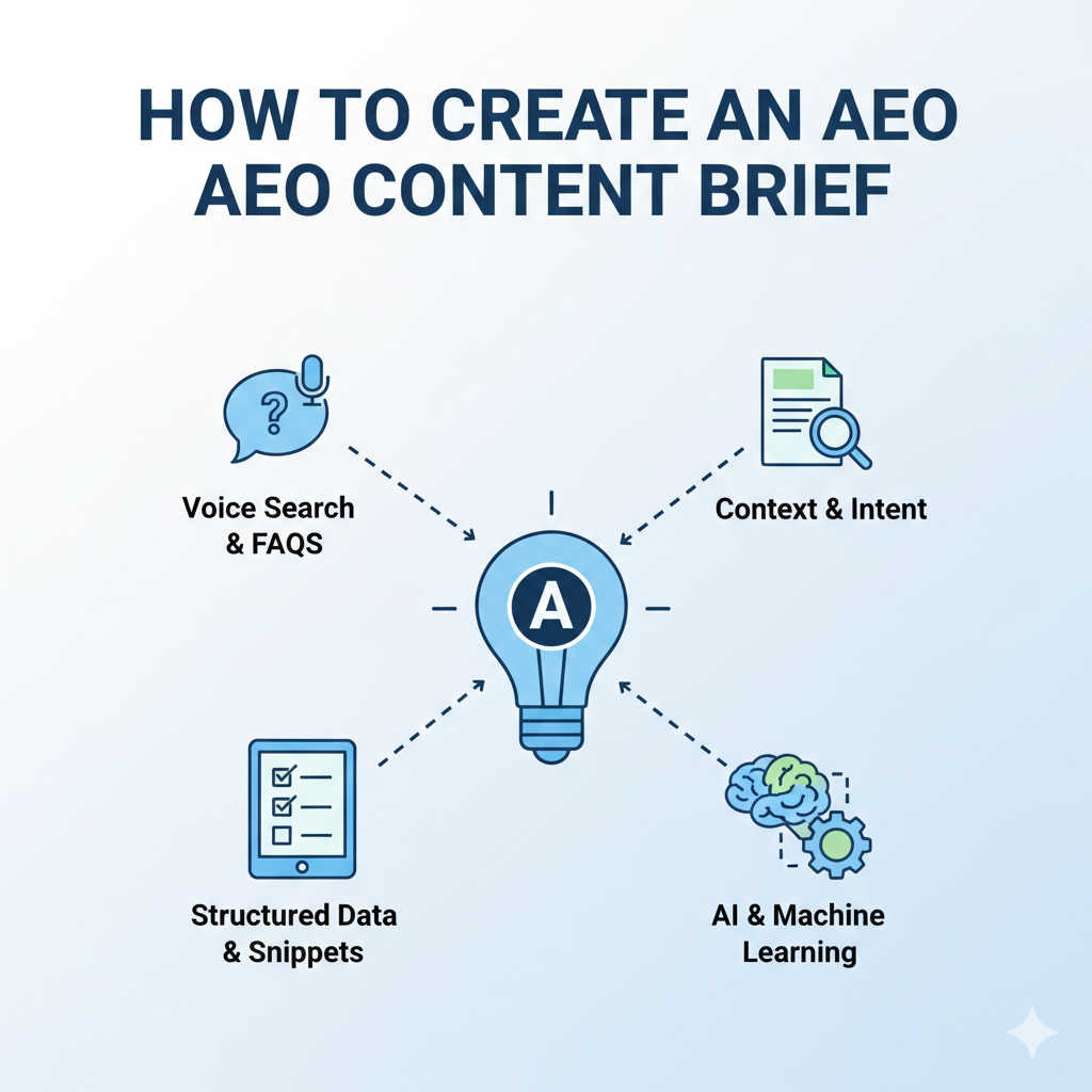 A professional document-style graphic representing an AEO content brief, featuring sections for direct answer targeting, entity optimization, and structured data to help content rank in AI answer engines.