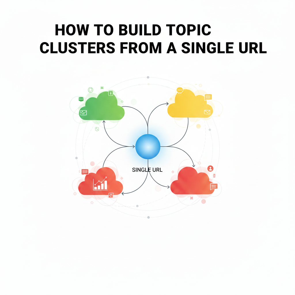 A diagram showing how to build topic clusters from a single URL, featuring a central pillar page connected to various related content subtopics like SEO strategies and content marketing.