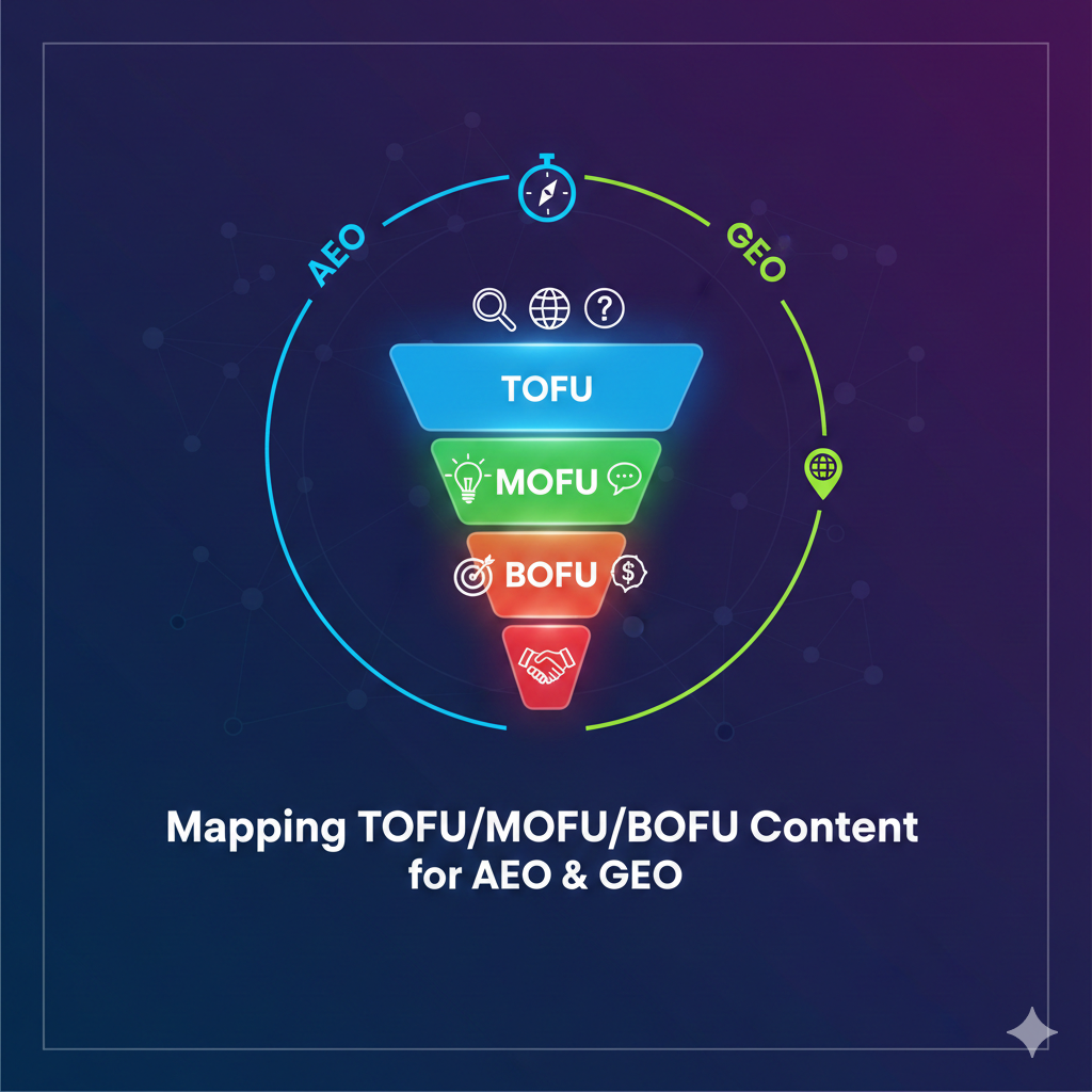 A professional SaaS illustration mapping TOFU, MOFU, and BOFU content strategies for AEO (Answer Engine Optimization) and GEO (Generative Engine Optimization). The graphic features a centered marketing funnel within a protective safe zone margin on a dark, high-contrast background with AI-themed data nodes.