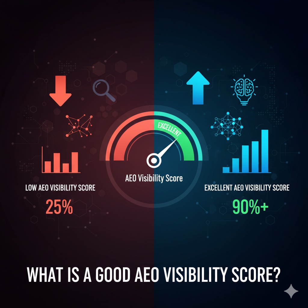 A data-driven dashboard graphic titled "What Is a Good AEO Visibility Score?" displaying a circular gauge meter in the "green" high-performance zone, surrounded by analytics icons representing AI search citations and answer engine ranking metrics.