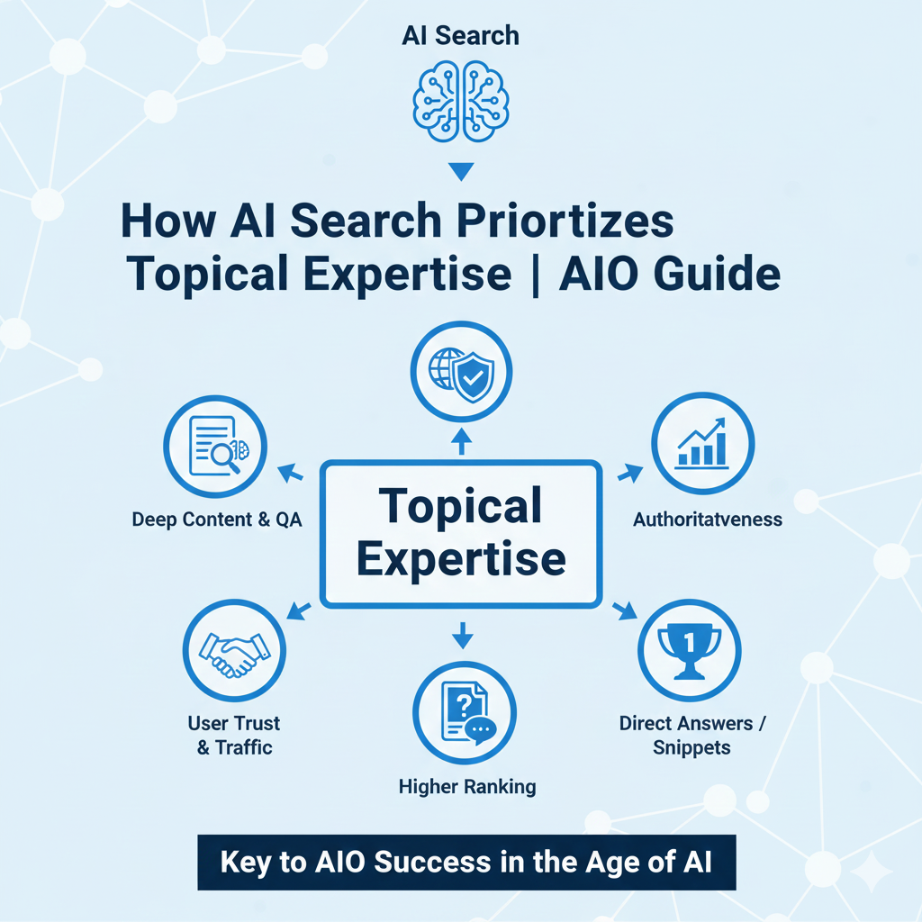 A modern infographic for an AIO Guide titled "How AI Search Prioritizes Topical Expertise." The graphic displays a central lightbulb icon representing an "Expertise Hub" connected to various sub-topic nodes. It visualizes the transition from keyword-matching to deep semantic topical authority, featuring a clean, tech-oriented aesthetic.