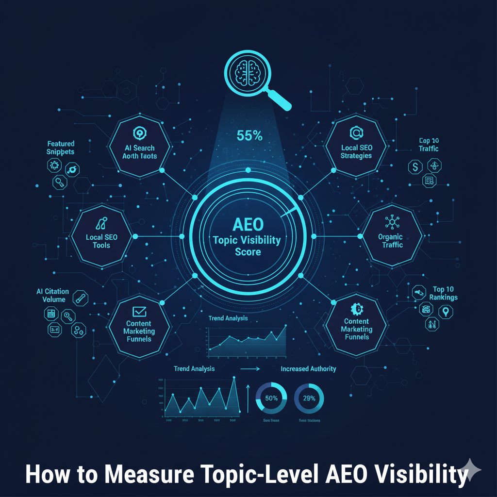 A sophisticated analytics visualization titled "How to Measure Topic-Level AEO Visibility," featuring a magnifying glass focusing on a specific content cluster node, with floating data overlays showing percentage growth and AI citation metrics.