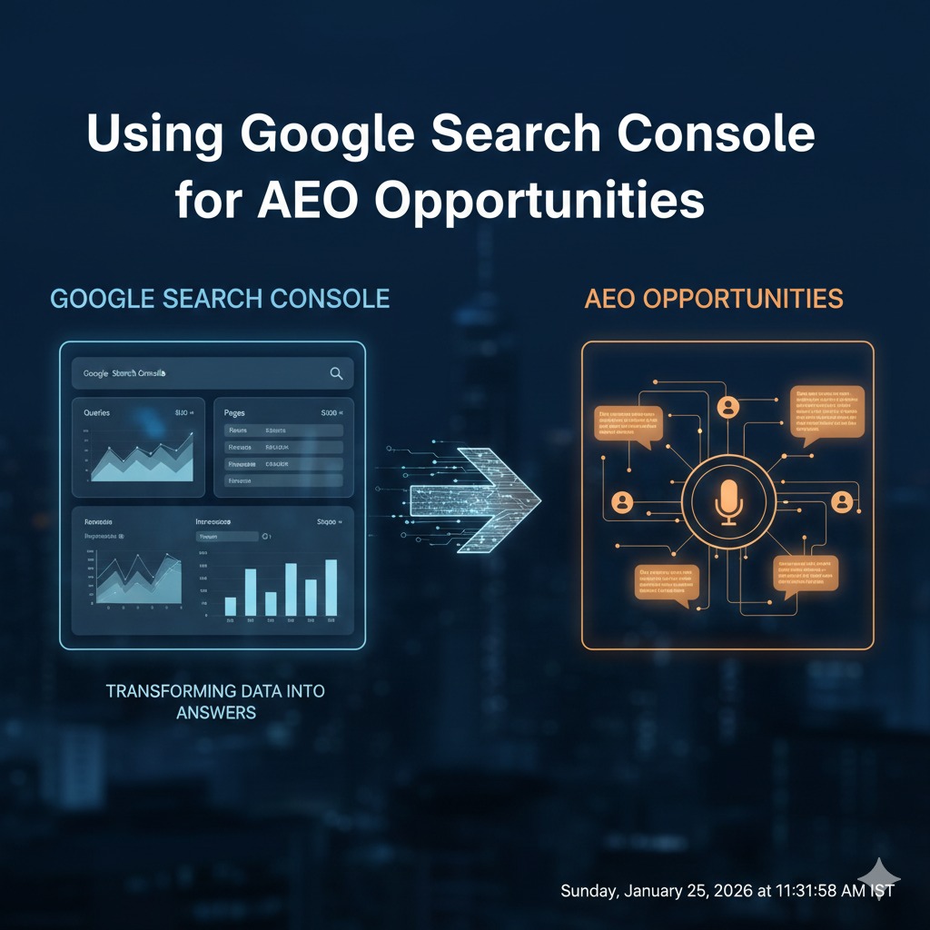 A digital infographic titled "Using Google Search Console for AEO Opportunities." On the left, a blue-themed interface displays a Google Search Console dashboard with query and page data charts. An arrow pointing to the right leads to an orange-themed interface titled "AEO Opportunities," featuring a central microphone icon connected to various conversational data nodes and user icons, illustrating the transformation of search data into optimized answers.
