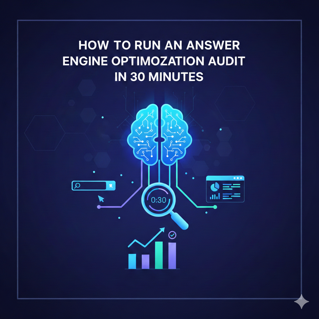 A professional AI-themed illustration for an Answer Engine Optimization (AEO) audit, featuring a glowing digital brain connected to data charts, a search bar, and a 30-minute timer. The design uses a high-contrast dark blue SaaS style with centered graphics and clear margins.