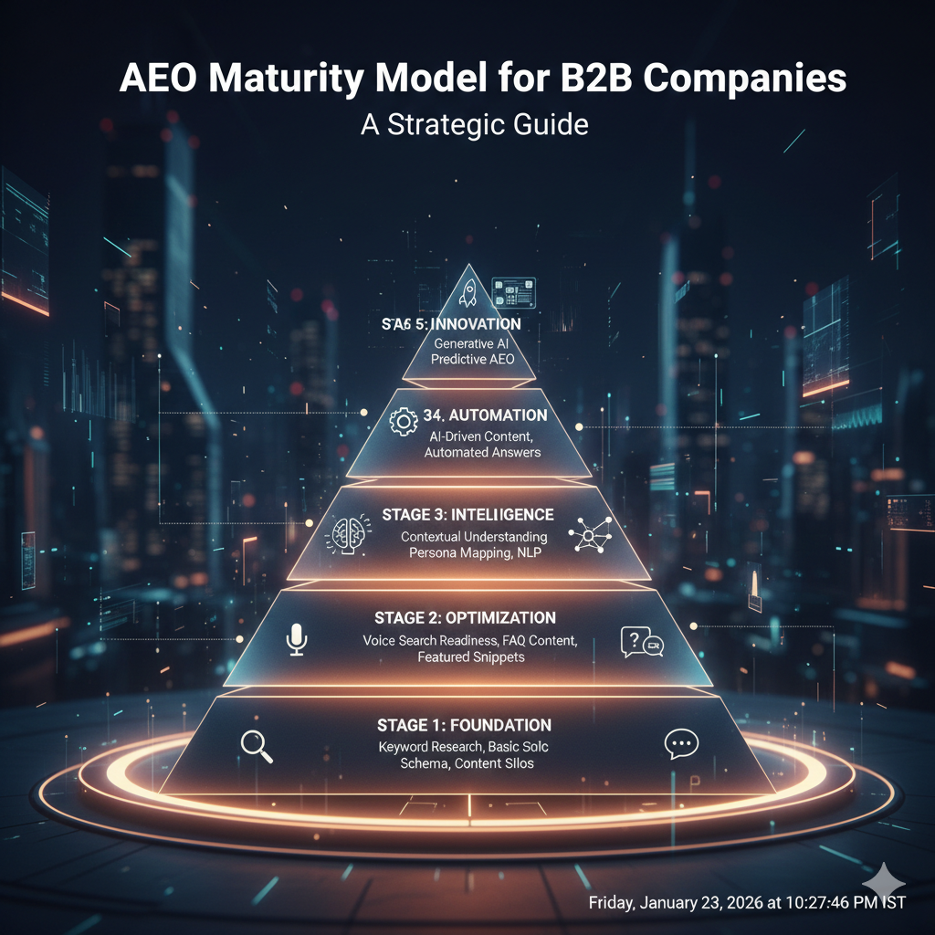 A 5-stage pyramid diagram titled "AEO Maturity Model for B2B Companies." The levels ascend from Stage 1: Foundation (Keyword Research/Schema), Stage 2: Optimization (Voice Search/FAQ), Stage 3: Intelligence (NLP/Persona Mapping), Stage 4: Automation (AI-driven content), to Stage 5: Innovation (Generative AI). The graphic features a futuristic blue and orange neon aesthetic set against a dark cityscape background.