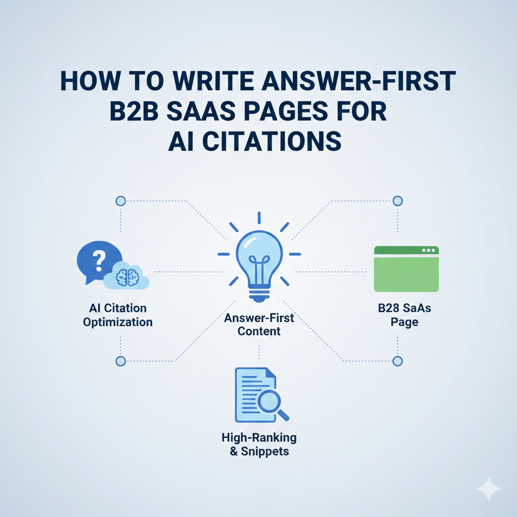 A clean, professional graphic illustrating the "answer-first" content framework for B2B SaaS, showing a direct answer highlighted at the top of a webpage to optimize for AI citations and search engine snippets. AI-Citations-B2B-SaaS