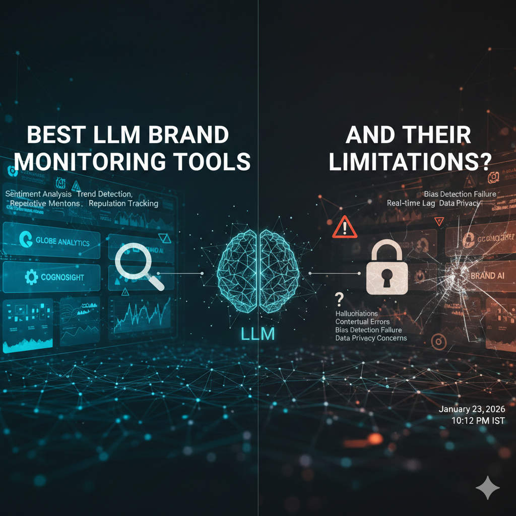 A split-screen digital graphic titled "Best LLM Brand Monitoring Tools and Their Limitations?" featuring a glowing AI brain at the center. The left side shows clean blue data interfaces representing sentiment analysis and trend detection, while the right side shows a cracked interface with warning icons representing hallucinations, bias, and data privacy concerns.llm-brand-monitoring-tools-limitations.png