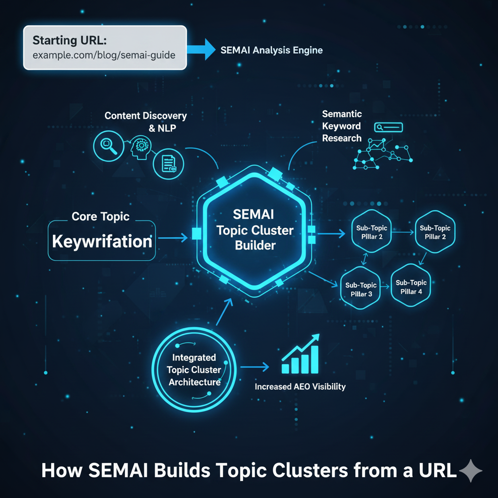 A technical process illustration titled "How SEMAI Builds Topic Clusters from a URL," showing a URL address bar transforming into a structured hexagonal map of interconnected content pillars and subtopics, symbolizing automated semantic architecture.
