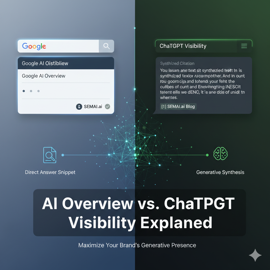 Comparison infographic showing the differences between Google AI Overviews and ChatGPT visibility; Google focuses on authoritative search indexing and clickable citations, while ChatGPT emphasizes brand mentions and conversational task completion in its training data. 2. WordPress Tags