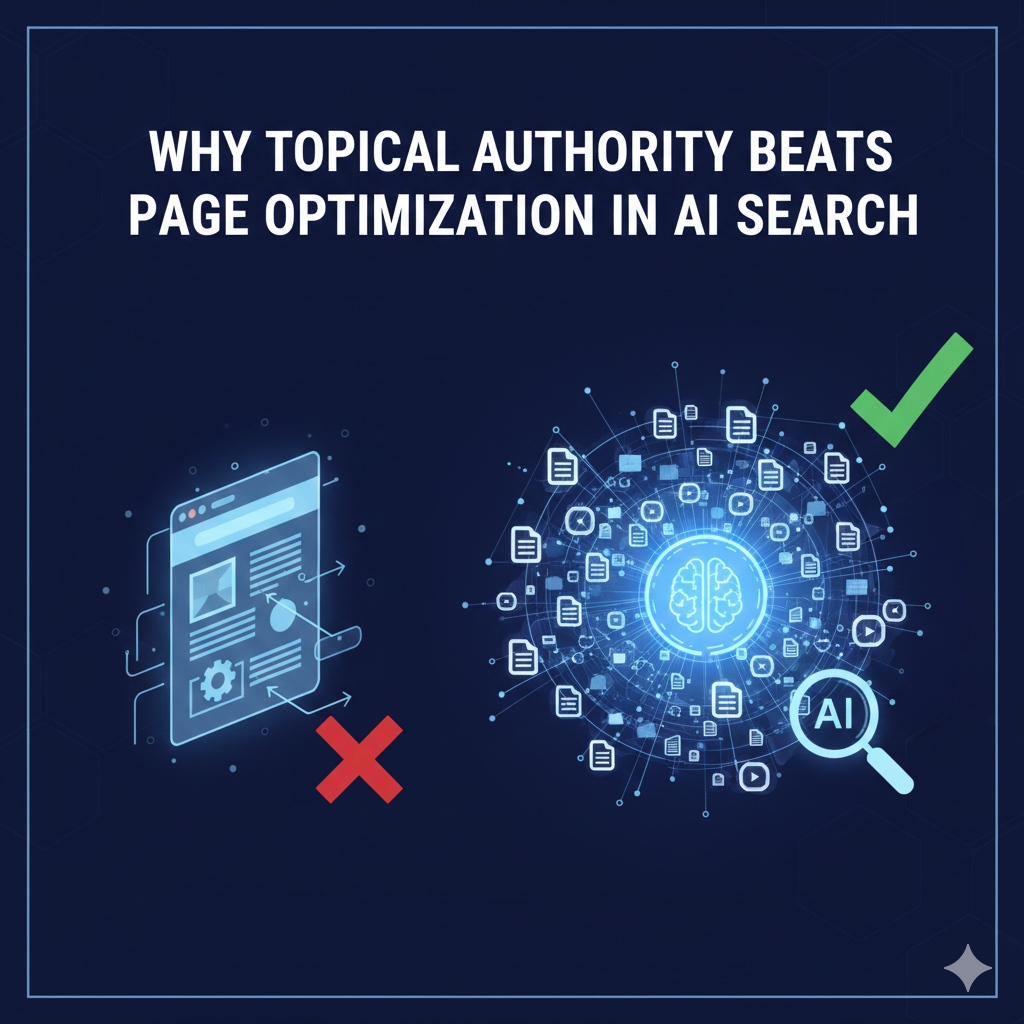 A professional SaaS-style illustration comparing SEO strategies for AI search. On the left, a single web page icon is marked with a red "X," representing isolated page optimization. On the right, a large, interconnected network of documents surrounding an AI brain icon is marked with a green checkmark, symbolizing topical authority. The design is center-weighted on a dark blue background with a visible safe-zone border.