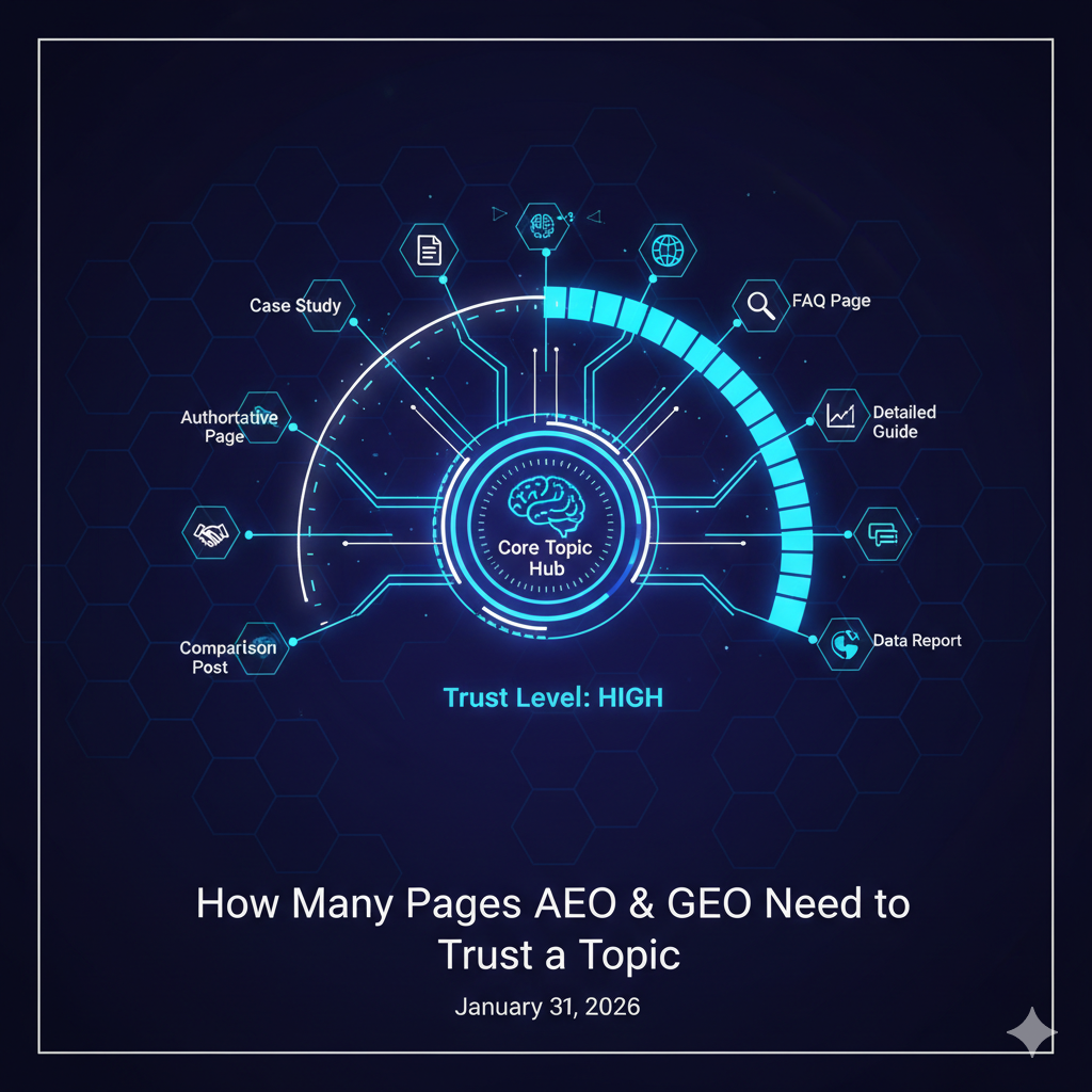 A professional technical diagram titled "How Many Pages AEO & GEO Need to Trust a Topic." The graphic features a central "Core Topic Hub" with a "Trust Level: HIGH" meter. Surrounding the center are nodes representing the necessary content mix: Case Studies, Authoritative Pages, Comparison Posts, Data Reports, Detailed Guides, and FAQ Pages. The design uses a neon blue SaaS aesthetic with a clear safe-zone margin on a dark hexagonal background.