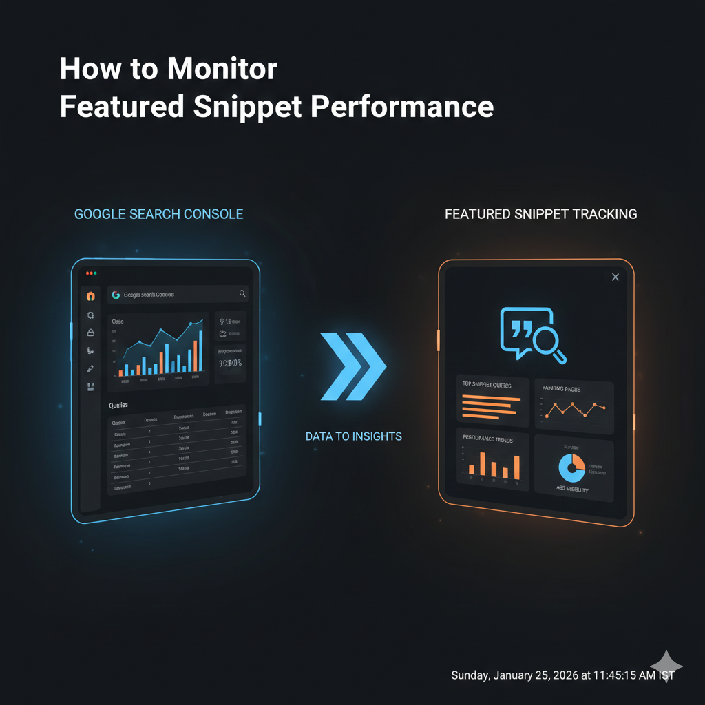 A clean, high-tech infographic titled "How to Monitor Featured Snippet Performance." The layout shows a data flow from a blue-themed Google Search Console dashboard on the left to an orange-themed Featured Snippet Tracking dashboard on the right. The right panel includes icons for quote bubbles, search magnifying glasses, and trend charts, with a central arrow labeled "Data to Insights" connecting the two stages.