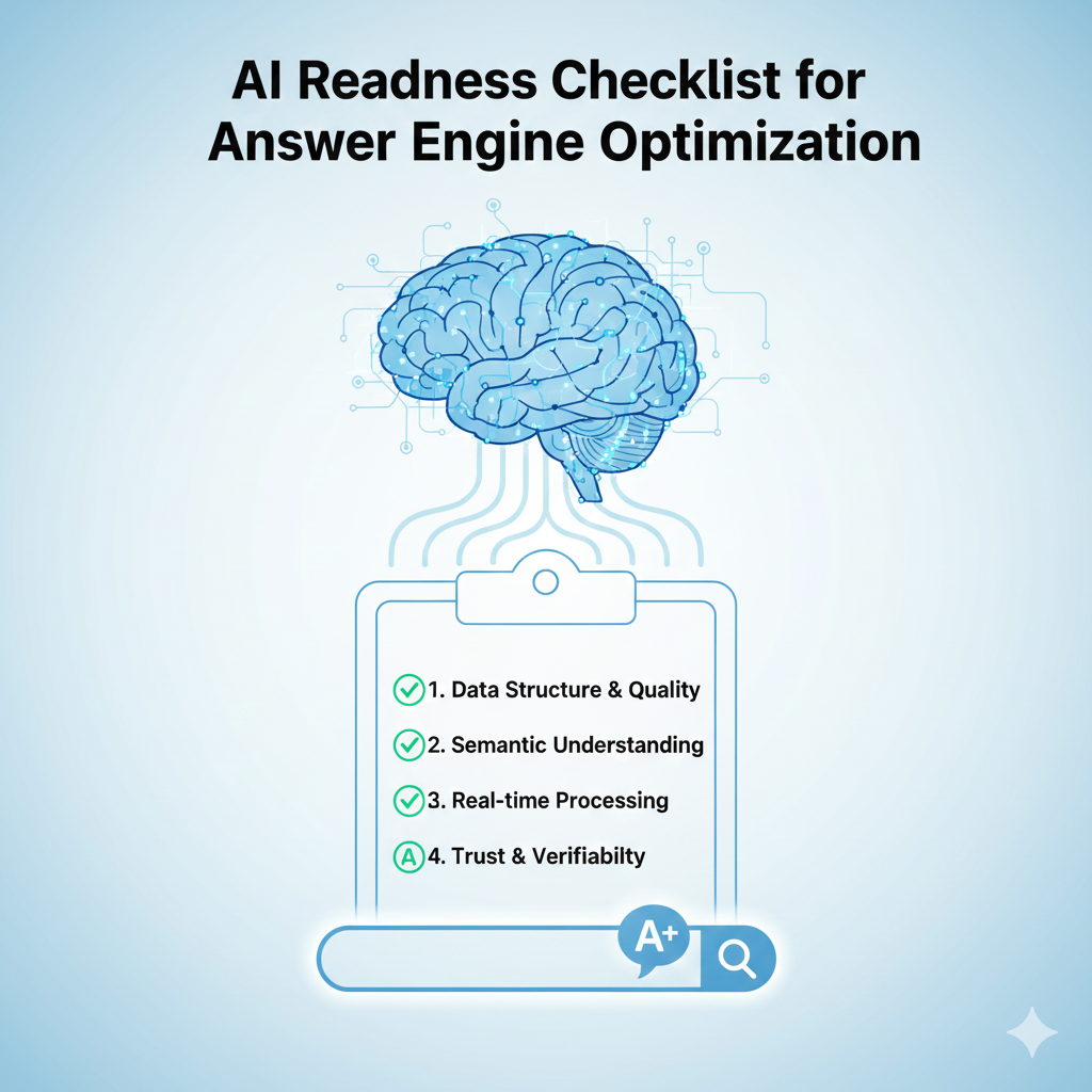 A clean, modern graphic titled "AI Readiness Checklist for Answer Engine Optimization." The image features a digital brain illustration with circuit patterns, a search bar icon, and a checklist highlighting key points: Data Quality & Structure, Semantic Understanding, Real-time Processing, and Trust & Verifiability.