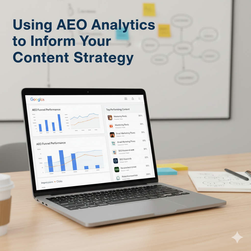 A conceptual digital workspace showing a person analyzing data on a laptop to plan a content strategy. The screen displays analytical charts and content planning tools, emphasizing the bridge between AEO data insights and creative content production.