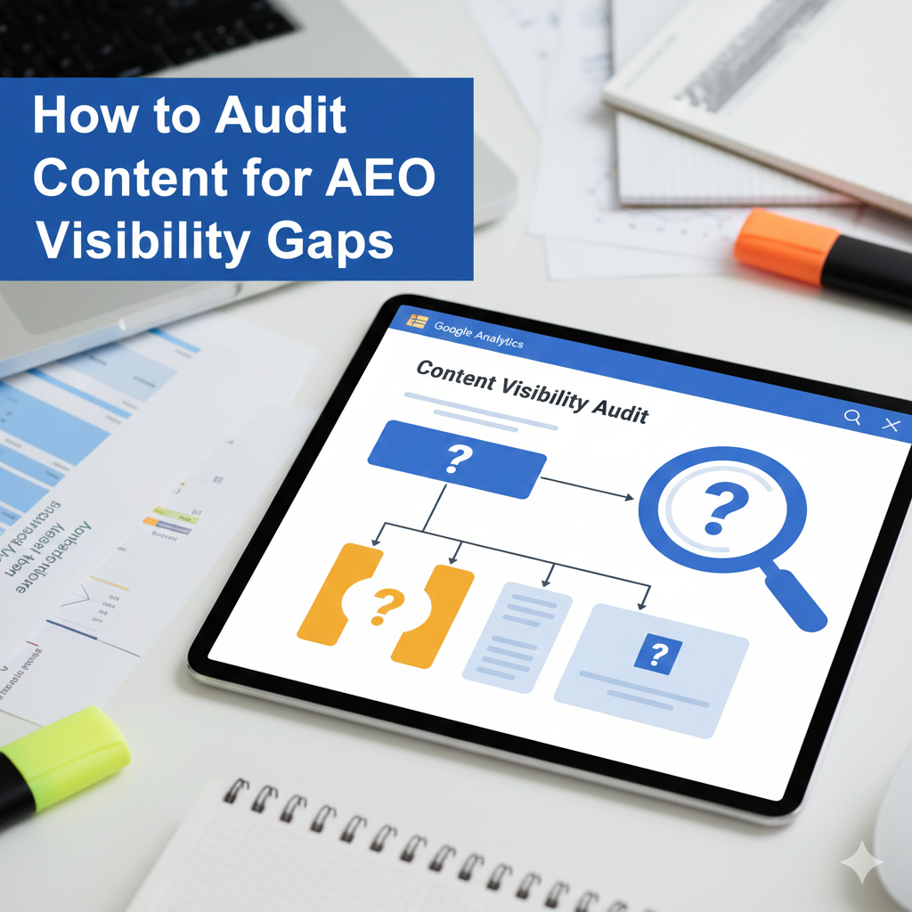 Alt Text A modern office desk with a laptop displaying a content audit dashboard. The screen highlights analytical charts and data points used to identify AEO visibility gaps, featuring a professional and technical aesthetic.