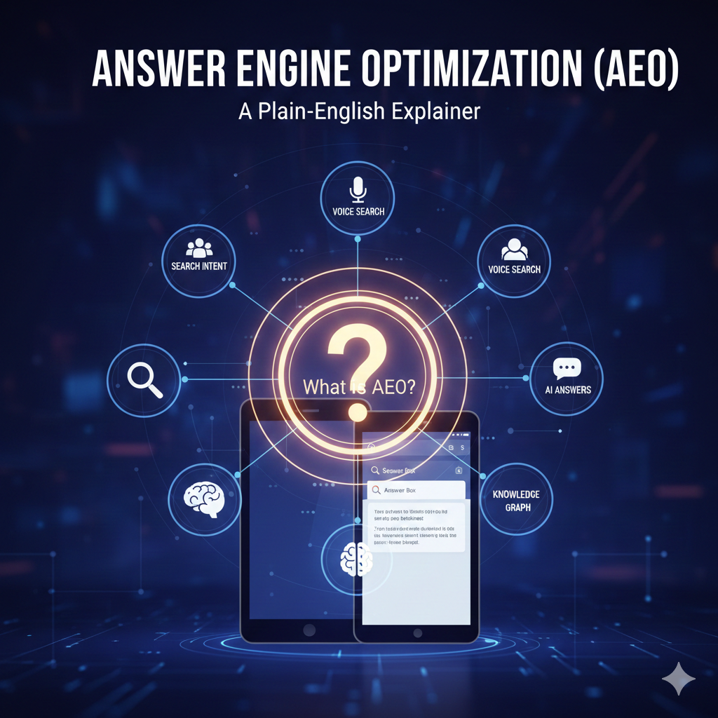 A professional conceptual illustration for Answer Engine Optimization (AEO). The image features a central glowing lightbulb icon connected to various digital touchpoints: a smart speaker, a smartphone showing a conversational chat bubble, and a search results page with a "featured snippet" highlighted. The text "AEO: Answer Engine Optimization" is clearly visible in a modern, clean font, set against a background of abstract data nodes and soft blue gradients, representing the bridge between content and AI-driven answers.