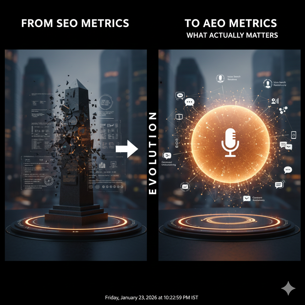 A conceptual split-screen graphic titled "From SEO Metrics to AEO Metrics: What Actually Matters." The left side shows a traditional stone obelisk representing legacy SEO crumbling into data shards. The right side features a vibrant, glowing orange sphere with a microphone icon at the center, surrounded by a network of conversational AI icons like speech bubbles and person silhouettes, symbolizing the shift to Answer Engine Optimization.