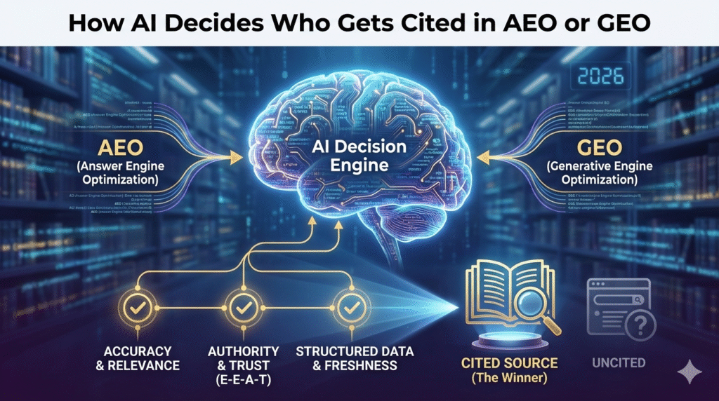 A conceptual diagram titled "How AI Decides Who Gets Cited in AEO or GEO" showing a glowing digital brain as an AI Decision Engine. It processes inputs from AEO and GEO, filtering them through three criteria: Accuracy & Relevance, Authority & Trust (E-E-A-T), and Structured Data & Freshness, leading to a single "Cited Source" winner.