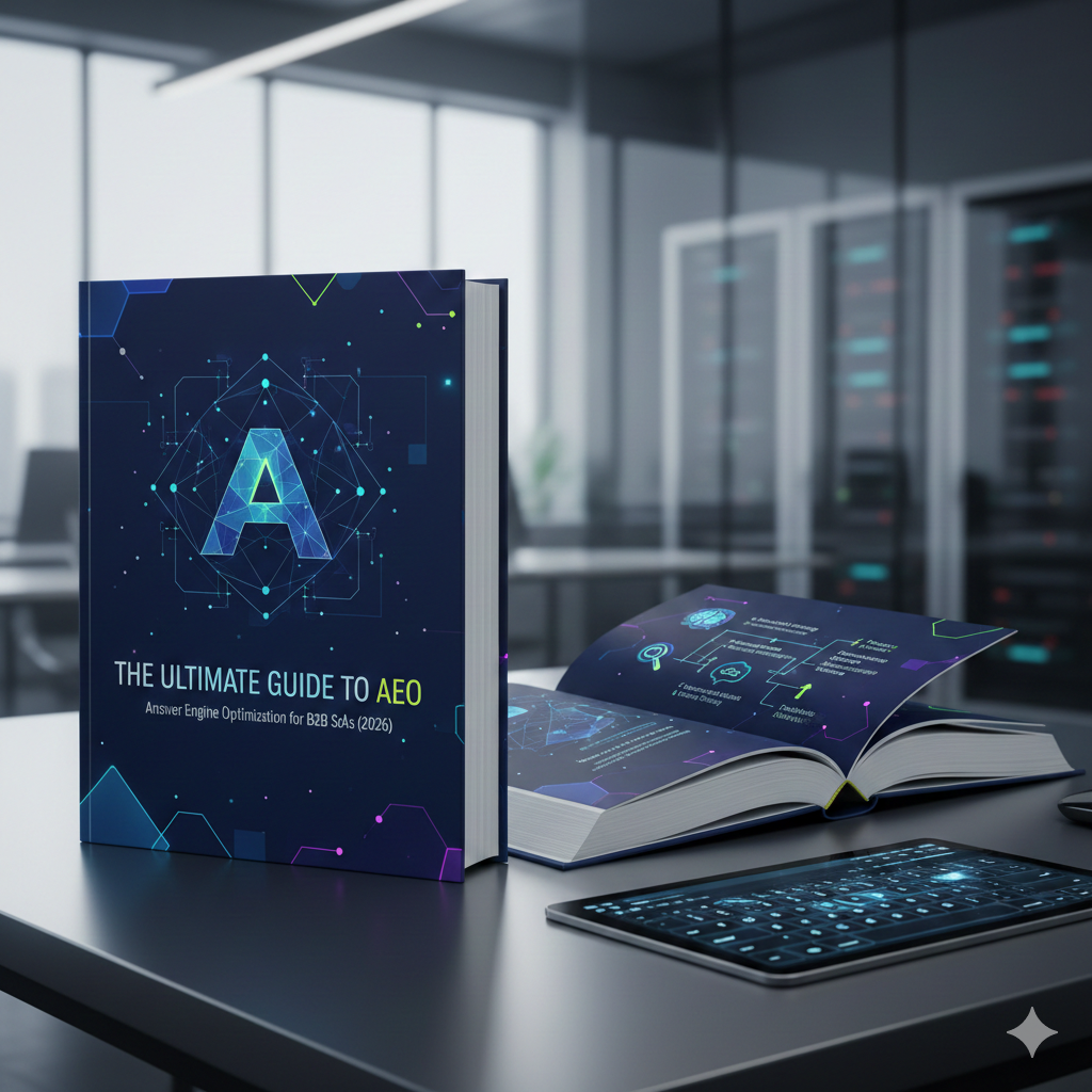 "A 3D render of a dark blue book titled 'The Ultimate Guide to AEO: Answer Engine Optimization for B2B SaaS (2026)' on a modern office desk alongside a digital tablet showing marketing workflows."