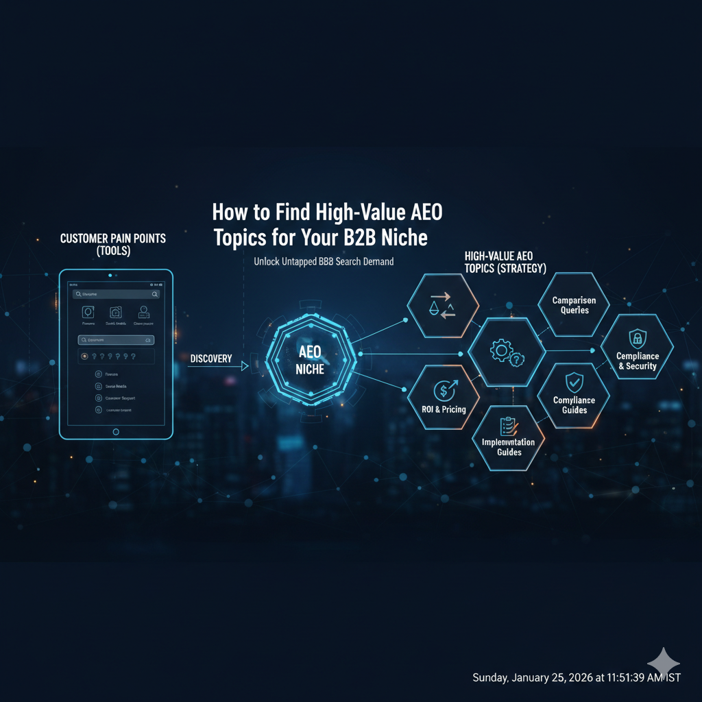 A strategic infographic titled "How to Find High-Value AEO Topics for Your B2B Niche." On the left, a digital tablet labeled "Customer Pain Points (Tools)" starts the discovery process. A central "AEO Niche" hub connects to several teal hexagons representing high-value strategies: ROI & Pricing, Implementation Guides, Compliance Guides, Comparison Queries, and Compliance & Security. The design uses a futuristic dark theme with neon accents to visualize data-driven topic research.