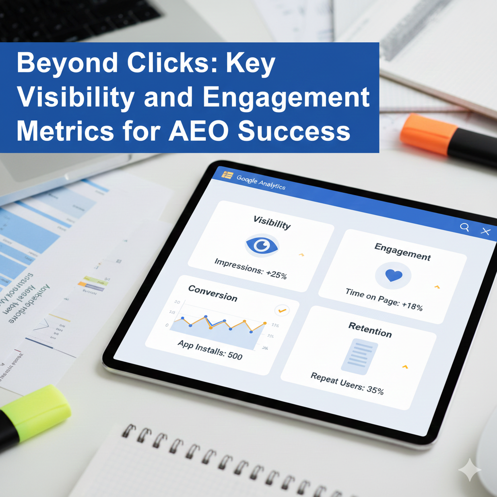 Alt Text A professional analytics dashboard on a laptop screen showcasing advanced engagement metrics, including "AEO Score" and "Revenue Lift" charts, emphasizing deep data insights beyond traditional click tracking.