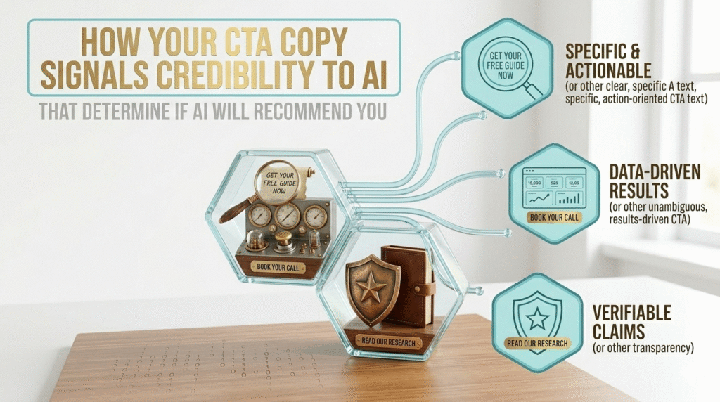 A conceptual diagram in an office setting featuring gold text that reads "HOW YOUR CTA COPY SIGNALS CREDIBILITY TO AI." The image shows various objects, including machines, a shield, and books, inside interconnected hexagon glass containers on a wooden surface. Connected by blue tubes are three labels on the right: "SPECIFIC & ACTIONABLE," "DATA-DRIVEN RESULTS" alongside "VERIFIABLE CLAIMS," and "TRANSPARENCY & TRUST," accompanied by relevant icons like a magnifying glass, chart, and book.