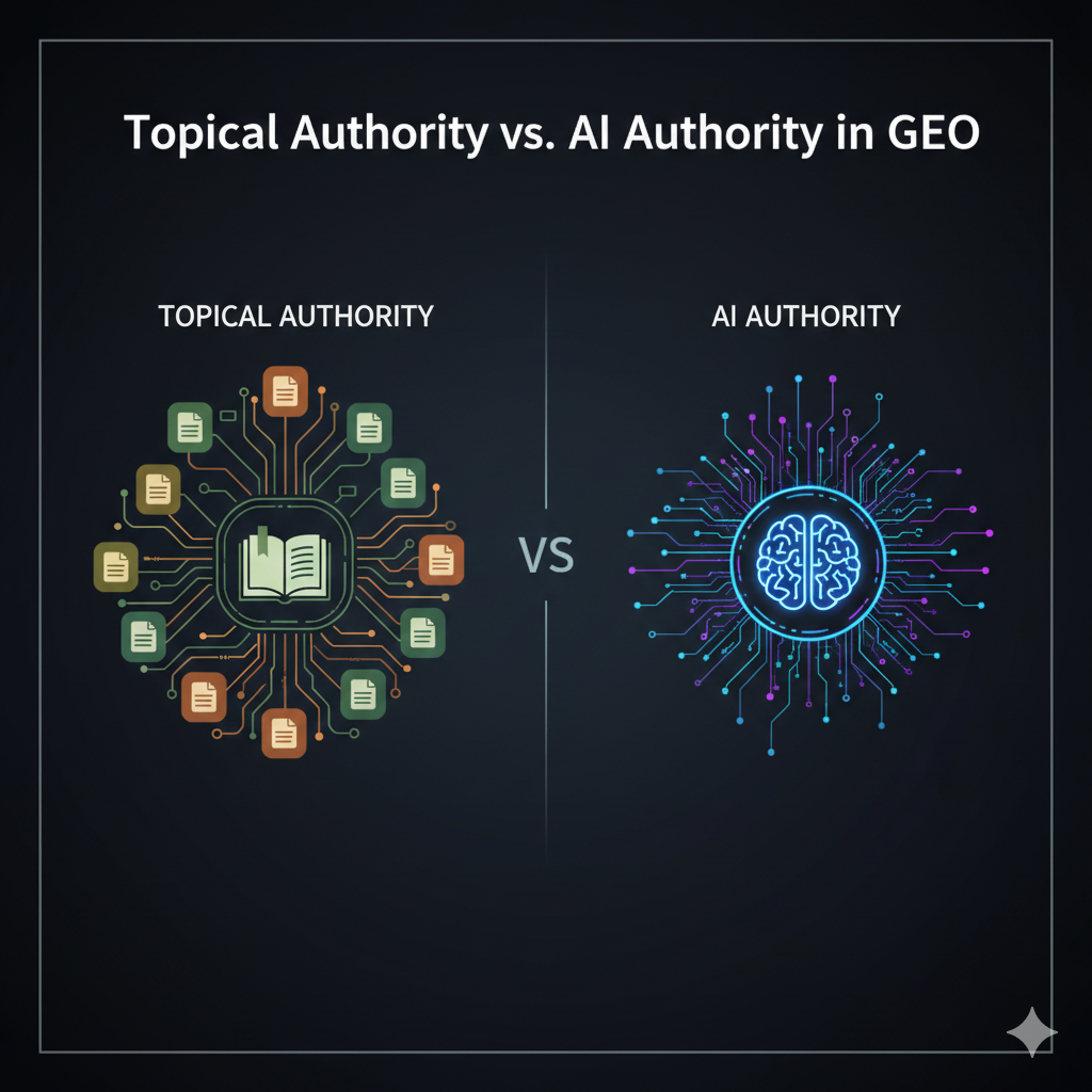 A professional SaaS-style comparison graphic for GEO (Generative Engine Optimization) titled "Topical Authority vs. AI Authority." On the left, Topical Authority is represented by a cluster of documents and a book icon; on the right, AI Authority is represented by a glowing neural network and brain icon. The design is center-weighted with a clear safe-zone margin on a dark background.