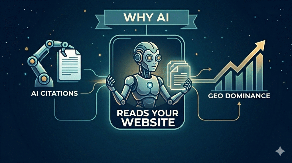 A stylized infographic illustration on a dark blue background with glowing light connections, showing a central robot figure with a banner above it reading "WHY AI". Text below the robot inside a framed screen says "READS YOUR WEBSITE". To the left, a robotic arm holds a document with the label "AI CITATIONS". To the right, a bar graph with an upward-trending arrow and stacked documents is labeled "GEO DOMINANCE". The illustration represents the process and benefits of AI analyzing a website, leading to improved citations and geographic search relevance.