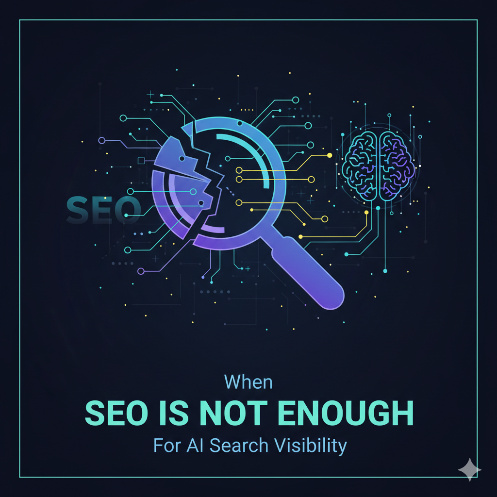 My apologies! I got a bit ahead of myself with the pixels. Here is the metadata for your "When SEO is Not Enough" image. Alt Text A professional AI-themed illustration on a dark background. The central graphic features a magnifying glass overlaid with digital circuit patterns and a glowing brain icon, symbolizing the transition from traditional SEO to AI search visibility. Below the graphic, the text reads: "When SEO IS NOT ENOUGH For AI Search Visibility." The design is center-weighted with a clear protective margin for responsive cropping.