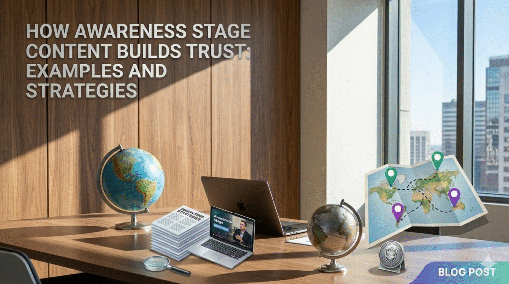 A professional office desk set up for content marketing research, featuring an open laptop, stacks of papers, globes, a magnifying glass, and a world map with pushpins. Text overlay reads: "HOW AWARENESS STAGE CONTENT BUILDS TRUST: EXAMPLES AND STRATEGIES." A window with a city view is in the background.