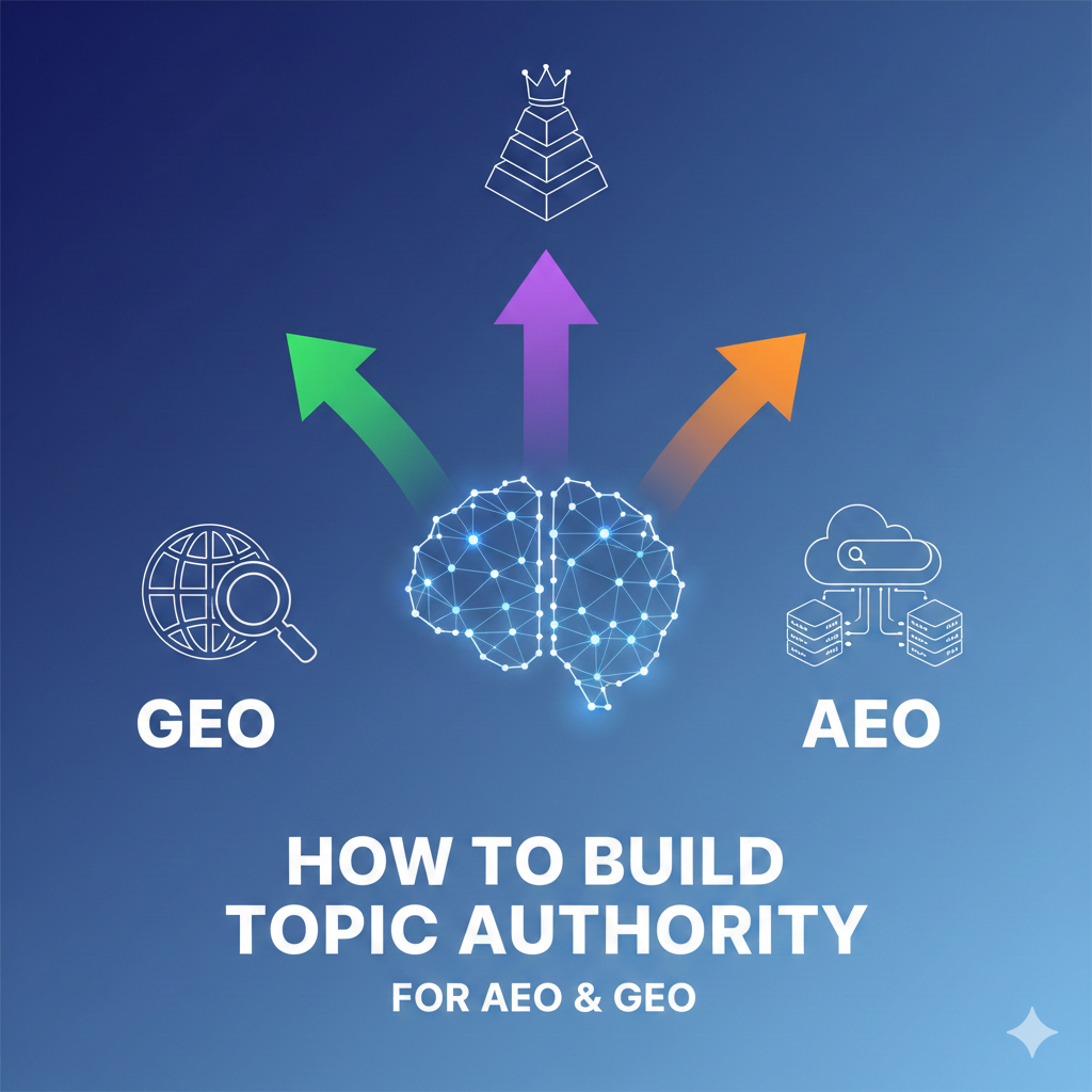 A professional SaaS-style illustration on a blue gradient background showing a central digital brain with arrows pointing toward symbols for AEO (Answer Engine Optimization) and GEO (Generative Engine Optimization), titled "How to Build Topic Authority for AEO & GEO."