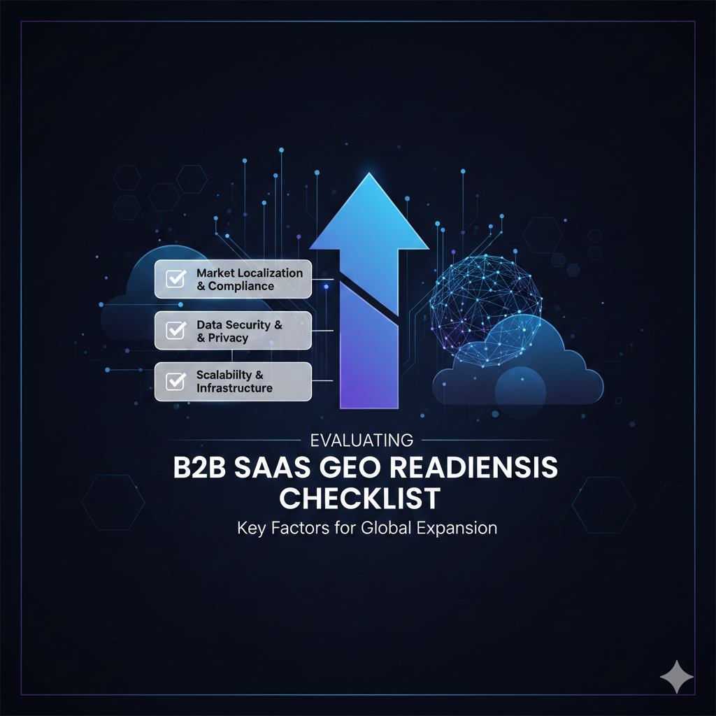 A professional AI-style illustration for a B2B SaaS GEO Readiness checklist. The center-weighted design features a rising blue-to-purple gradient arrow, a digital network globe, and cloud icons on a dark, high-contrast background. The graphic includes checklist items for Market Localization, Data Security, and Scalability, titled "B2B SaaS GEO Readiness Checklist: Key Factors for Global Expansion."