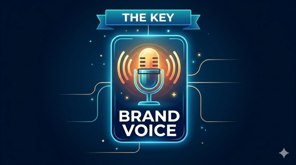 Alt Text: A stylized digital illustration against a dark, cosmic background features a retro-style, glowing orange and yellow microphone with wave signals within a rounded blue neon frame. Above it, a blue ribbon banner reads 'THE KEY'. Below the microphone, in bold white text, are the words 'BRAND VOICE'. Subtle circuit lines and golden sparkles emanate from the central icon.