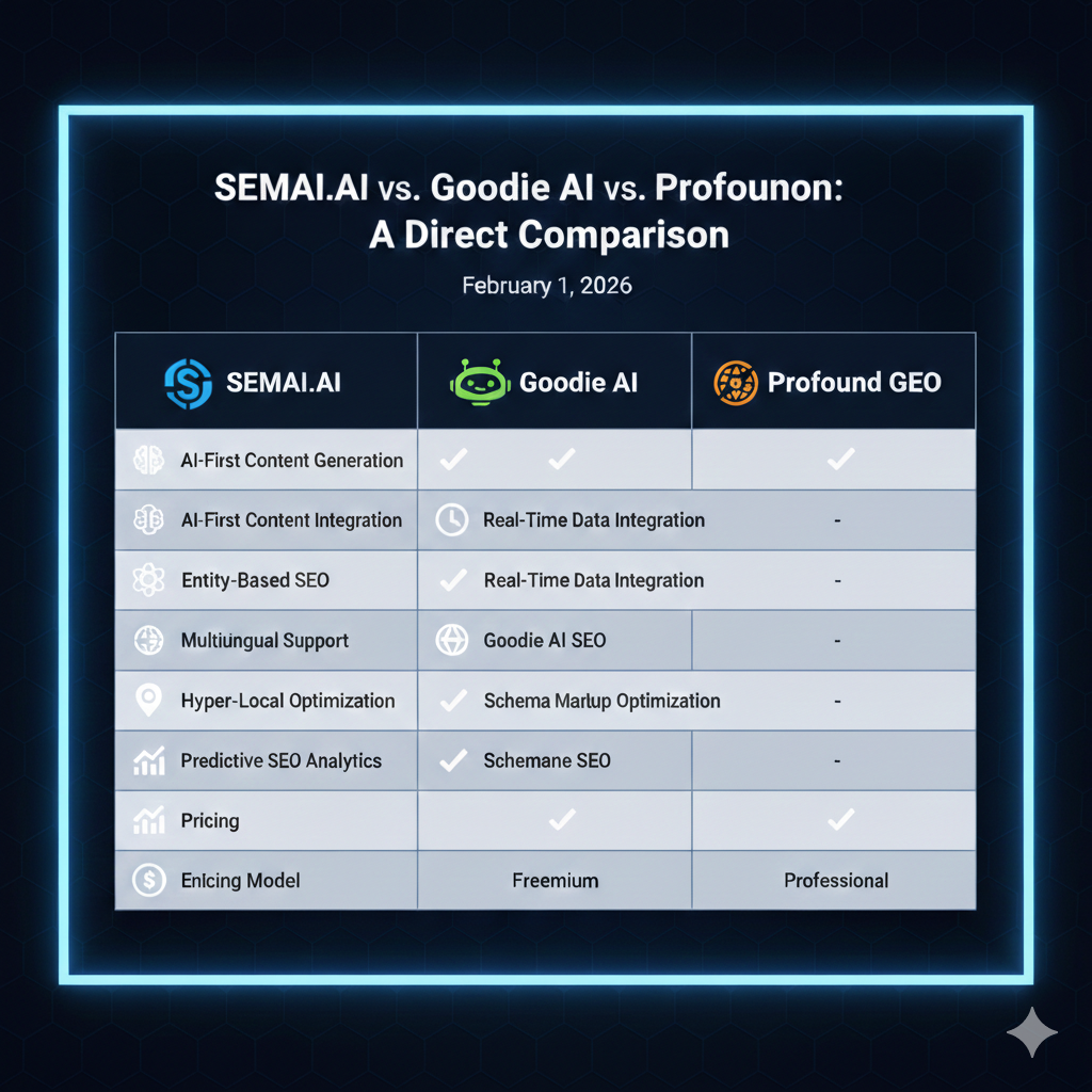 A professional SaaS comparison table titled "SEMAI.AI vs. Goodie AI vs. Profound GEO: A Direct Comparison." The graphic features a high-contrast comparison of three AI SEO platforms across key features: AI-First Content Integration, Entity-Based SEO, Real-Time Data, and Enterprise Scalability. SEMAI.AI is highlighted as the winner, set against a dark blue background with a neon safe-zone border and hexagonal grid patterns.
