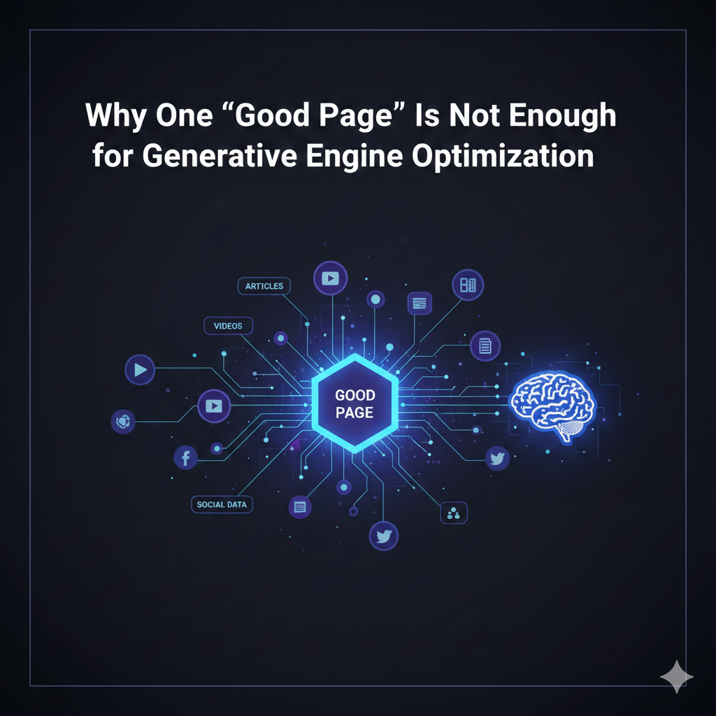 Professional SaaS-style illustration for GEO (Generative Engine Optimization) showing a central "Good Page" node connected via a neural network to diverse content sources like videos, articles, and social data, illustrating that a single page is insufficient for AI-driven search engines.