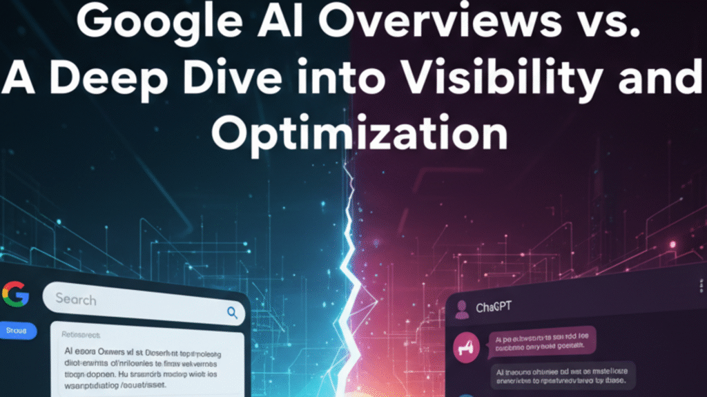 Alt Text A split-screen 16:9 digital illustration comparing Google AI Overviews and ChatGPT. The left side features a Google Search interface with blue digital highlights, and the right side shows a dark ChatGPT chat interface with pink and purple accents. A bright energy bolt divides the two, with the title "Google AI Overviews vs. ChatGPT: A Deep Dive into Visibility and Optimization" centered at the top.