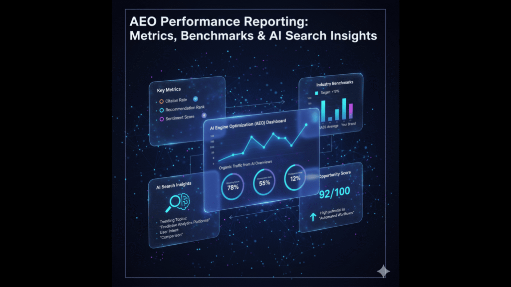 A professional digital dashboard titled 'AEO Performance Reporting: Metrics, Benchmarks & AI Search Insights.' The visual features glassmorphic data cards showing an AI Engine Optimization (AEO) line graph for organic traffic, a bar chart comparing industry benchmarks to a brand, and specific metrics for Citation Rate, Recommendation Rank, and Opportunity Score.