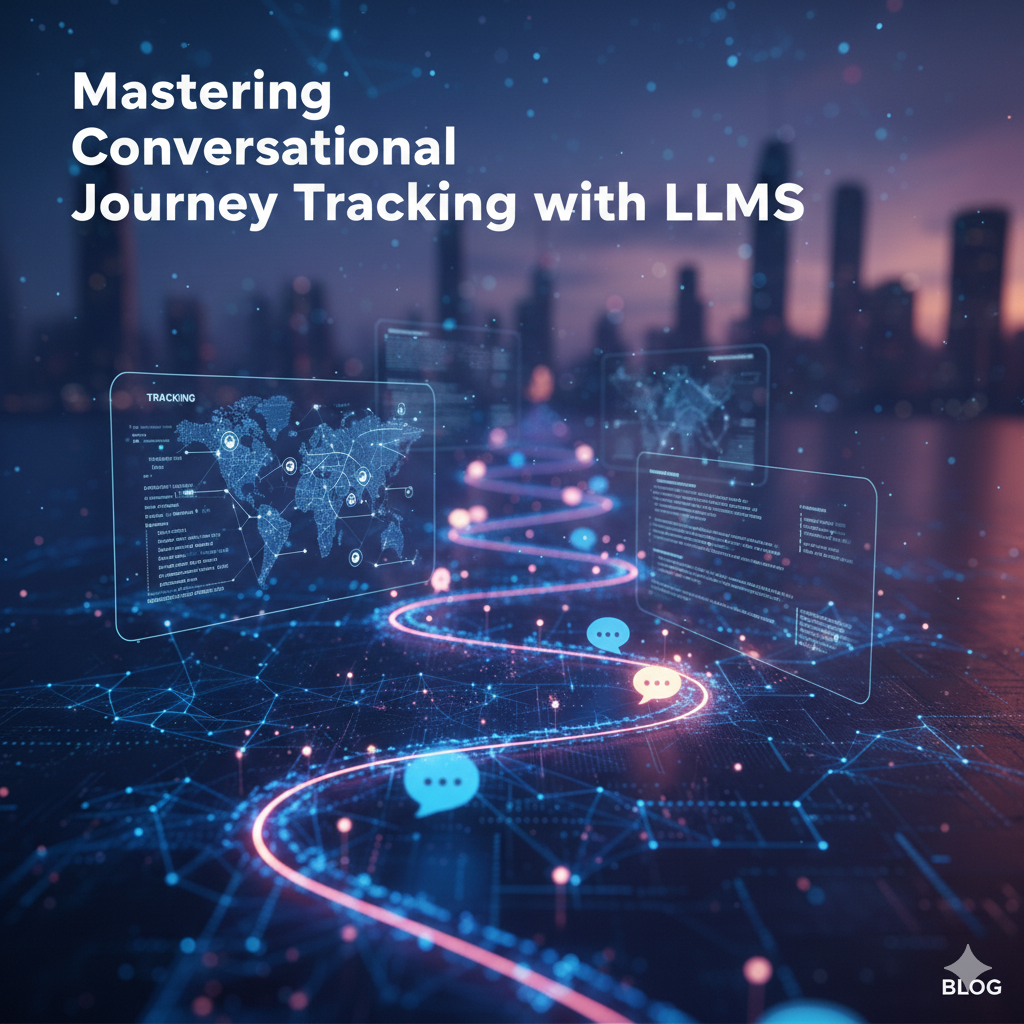 A wide-angle digital illustration featuring a glowing, winding data path representing a customer journey, with floating holographic chat bubbles and data screens against a blurred futuristic city skyline. Text in the corner reads "Mastering Conversational Journey Tracking with LLMs."