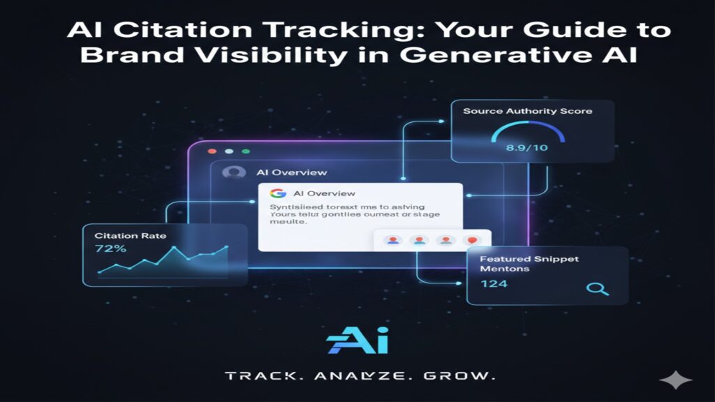 Here is the Alt Text and a tailored list of WordPress tags for your AI Citation Tracking blog image. 🖼️ Alt Text "A tech-focused infographic titled 'AI Citation Tracking: Your Guide to Brand Visibility in Generative AI.' The image displays a central Google AI Overview mock-up connected to three key metrics: Citation Rate at 72% with a growth graph, Source Authority Score at 8.9/10, and Featured Snippet Mentions totaling 124. The design is modern, using a dark background with blue and violet glowing accents and an 'AI' logo at the bottom."