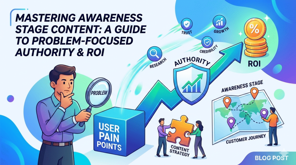 An infographic for a blog post titled 'Mastering Awareness Stage Content,' featuring a man with a magnifying glass examining 'User Pain Points,' an upward arrow labeled 'Authority,' a map of the 'Customer Journey,' and a stack of coins for 'ROI.'