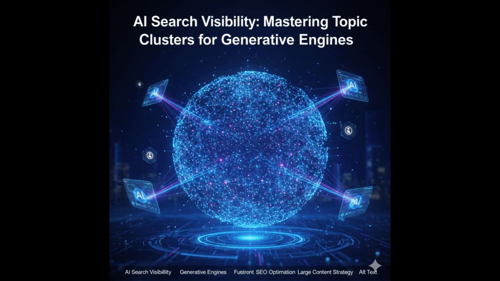 A conceptual 16:9 digital illustration of a glowing blue data sphere representing a central topic, with interconnected nodes and AI icons forming a topic cluster. The title "AI Search Visibility: Mastering Topic Clusters for Generative Engines" is centered at the top in a clean, modern font.