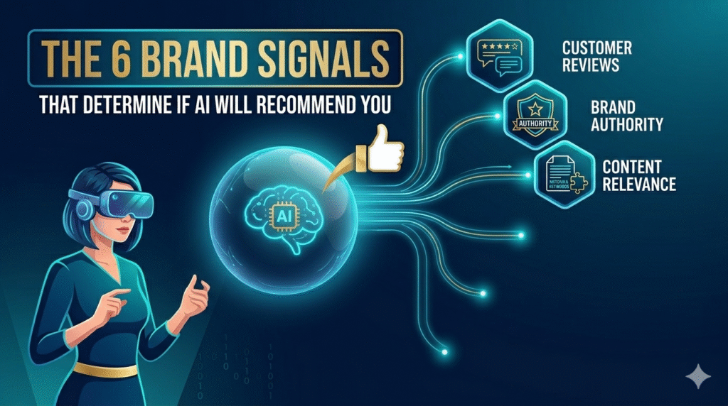 Alt-text: A futuristic-style illustration on a dark blue background shows a woman wearing a VR headset and a teal suit on the left. Next to her is a glowing glass sphere containing a digital brain icon labeled "AI," with a thumbs-up emerging from it. From the sphere, light-up blue lines connect to hexagonal icons on the right that are labeled "CUSTOMER REVIEWS," "BRAND AUTHORITY," and "CONTENT RELEVANCE," which are paired with descriptive icons. The entire scene is titled "THE 6 BRAND SIGNALS THAT DETERMINE IF AI WILL RECOMMEND YOU."